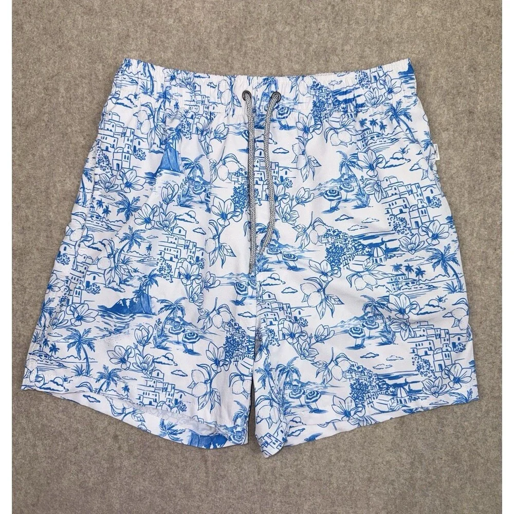 Vintage Summer Men’s Size Medium Swim Trunks Pockets Liner White/Blue Graphic